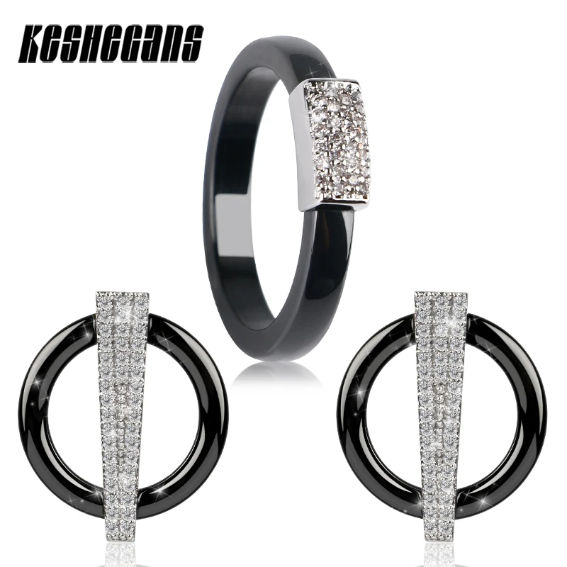 Exquisite Shining Crystal Jewelry Set 3mm Wide Ceramic Ring And 3 Row Rhinestone Round Ceramic Stud Earrings Women Wedding Gifts Exquisite Shining Crystal Jewelry Set 3mm Wide Ceramic Ring And 3 Row Rhinestone Round Ceramic Stud Earrings Women Wedding Gifts