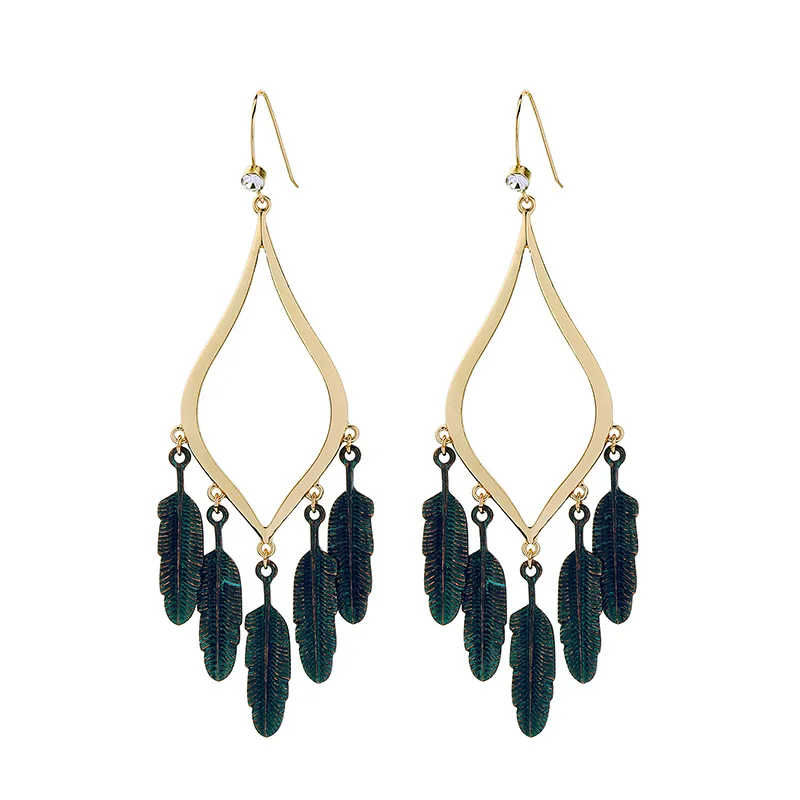 

2019 Gold Teardrop Statement Gunmetal Leaf Chandelier Earrings for Women Zinc Alloy Feather Shape Tassel Earring Wholesale