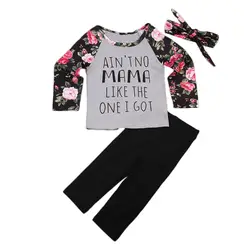 Комплекты одежды для маленьких девочек, одежда топы с цветочным принтом, футболка с длинными рукавами, штаны с цветочным рисунком повязка