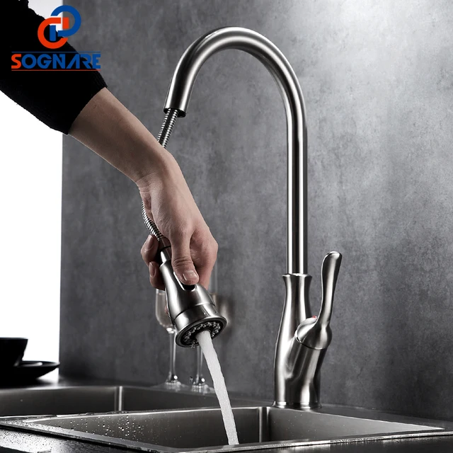 Best Quality 360 Degree Swivel Pull Out Kitchen Faucet Brushed Nickel Kitchen Mixer Water Tap Single Handle Rotation Spray Mixer Tap Torneira