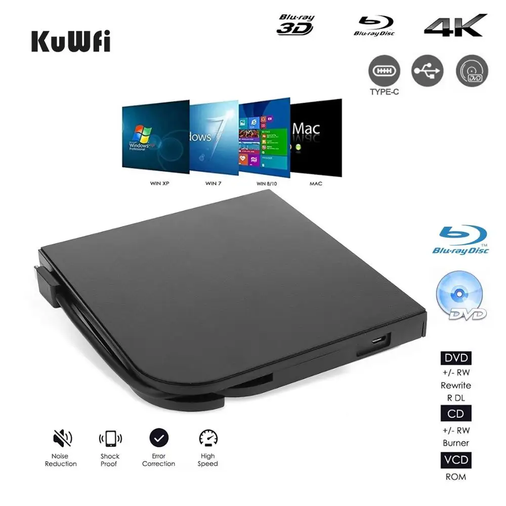  External 4K 3D Blu-ray DVD Drive Portable USB3.0 Type-C Blu-ray Burner HD CD/DVD Player Writer Plug