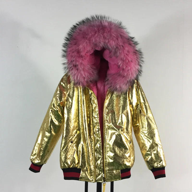 

FASHION NEW style thick warm fur bomber coats pink fur gold leather jacket TOP quality winter women coat