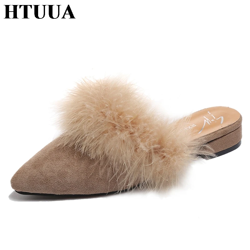 HTUUA/модные пушистые шлепанцы с искусственным мехом женские пикантные туфли без