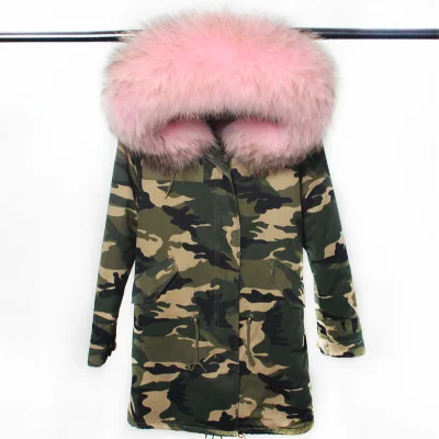 Горячая Распродажа, бренд, зимняя новая женская парка армейского зеленого цвета, пальто, Толстая куртка с воротником из натурального меха енота, с капюшоном, с меховой подкладкой, длинная версия - Цвет: 25