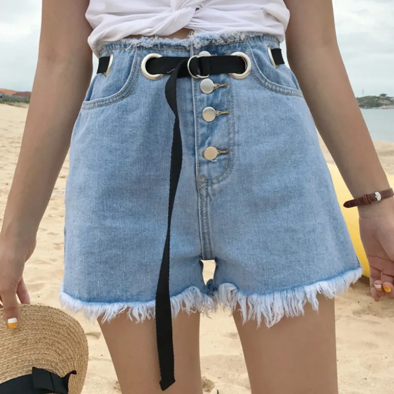 

EXOTAO Fashion Denim Shorts Tassels Women Hight Waist Buttoned Jeans Sequin Short Pants Casual Lace Up Decoration 2019 Summer
