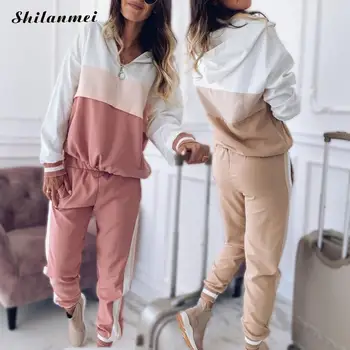 

2 Pcs Hooded Casual Tracksuit Suits Women Sweatshirt+Sweatpants 2 Pieces Sets Hoodies Zipper Patchwork Sexy Sweatshirt Suit 2019