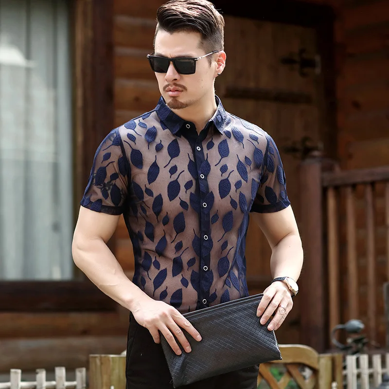 Видеть сквозь сексуальная прозрачная рубашка Для мужчин летние шорты рукавом лист печати сетки рубашка для Для мужчин сетки клуб вечерние Camisa социальной Masculina платье рубашка рубашка мужская