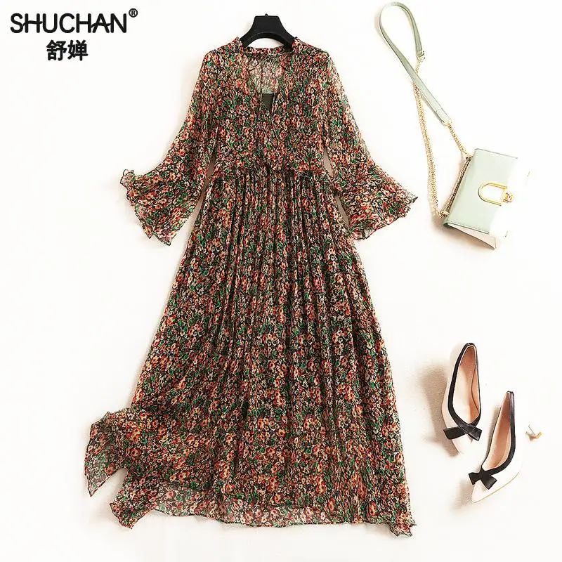 

Shuchan Asymmetrical Silk Dress Bohemian Print Butterfly Sleeve Mid-calf V-neck vestidos casual mujer 2019 summer dresses 10657