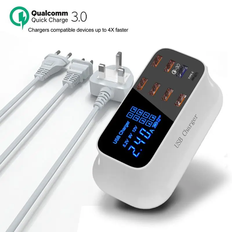 7 Port USB  Type C Smart Fast  Quick Charger 3.0 Dock Station LCD Display Power Adapter Socket Adapter For iPhone 7 8 EU UK Plug