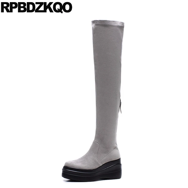 Over The Knee Muffin Gray High Long Slim Quality Suede Elevator Shoes Thigh Women Boots Platform Stretch 2021 New Ladies Chinese | Обувь