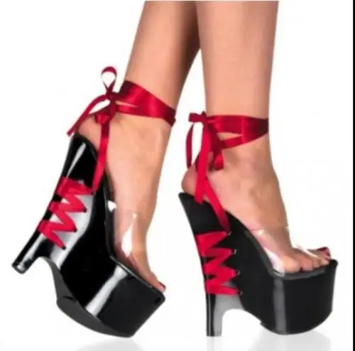 

US4-12 17Cm Super Wedges heel Platform Peep toe Clear Lace up Women Sandals Sexy Shoes Slingback Riband Plus Size