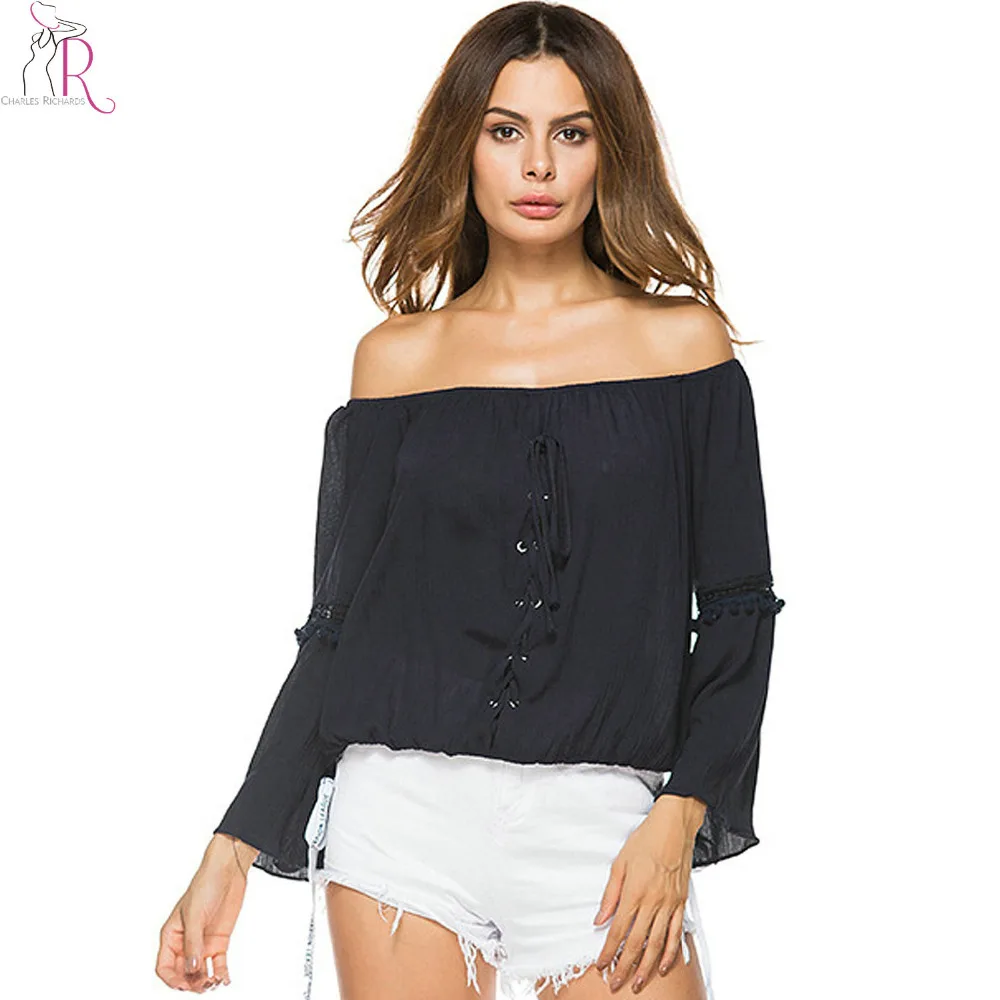 Grid Off Shoulder lace-up Long Sleeves Blouses