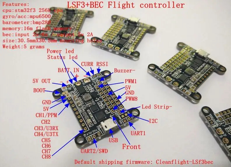 

Cleanflight LSF3BEC MPU6500 BMP280 Flight Controller Board (Input:2s-6s Output:5V 2A)
