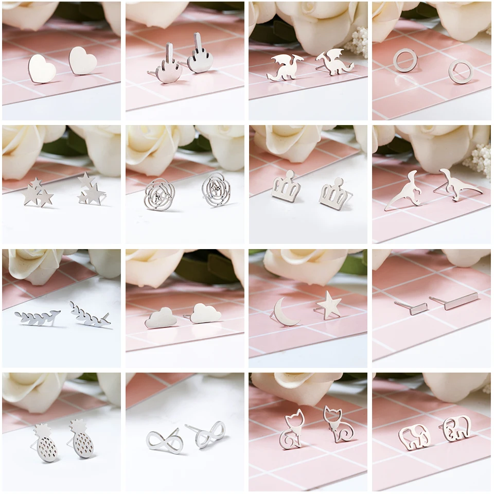 

Silver Stainless Steel Animal Heart Leaf Cat Flower Star Stud Earrings for Women Girls Minimalist Jewelry Accessories Gifts