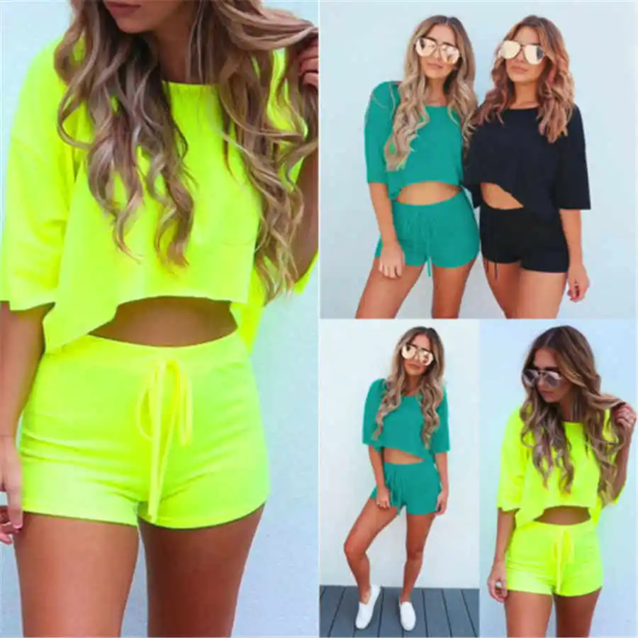 

Women Ladies Work Out Gym Clothes Sets Clubwear Playsuit Party Jumpsuit Romper Tops T-shirt Shorts Outfits 2019 New