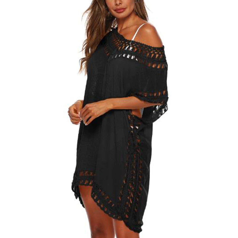 

Women Fashion V Neck Bathing Sunscreen Bikini Cover Up Loose Swim Pierced Edge Blouse Short Sleeve Beach Wear Holiday Solid Sexy
