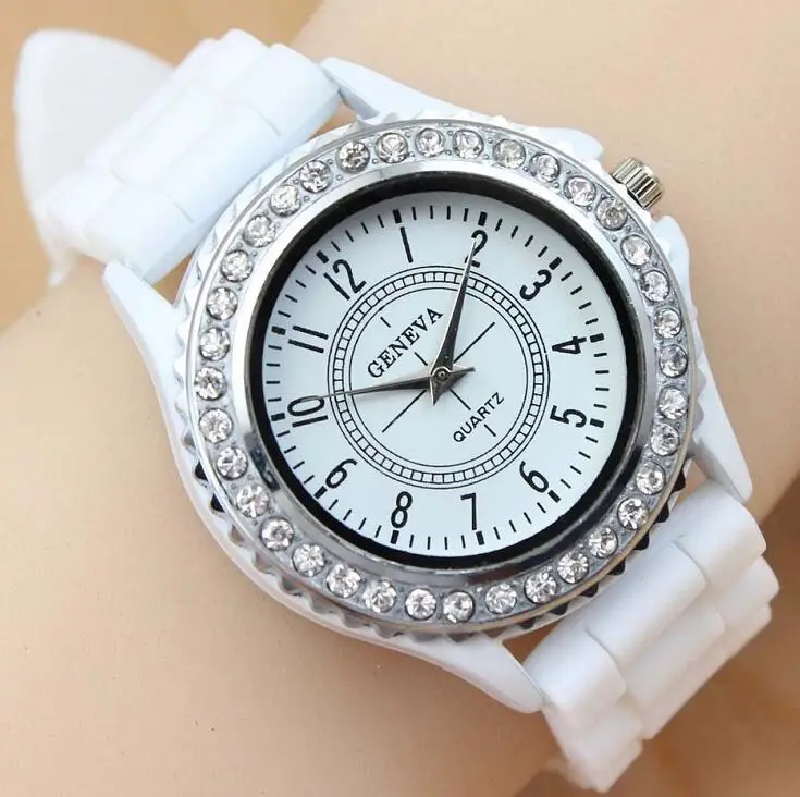 Роскошные брендовые кожаные кварцевые часы для женщин Дамская мода Браслет Стразы Наручные часы - Color: White