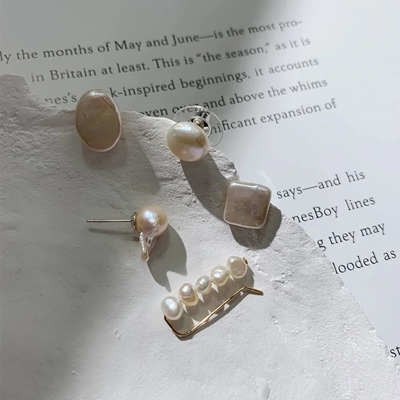 

MENGJIQIAO 2019 New Baroque Handmade Freshwater Pearl Stud Earrings For Women Elegant Square 5 pcs/ set Brincos Girl Jewelry