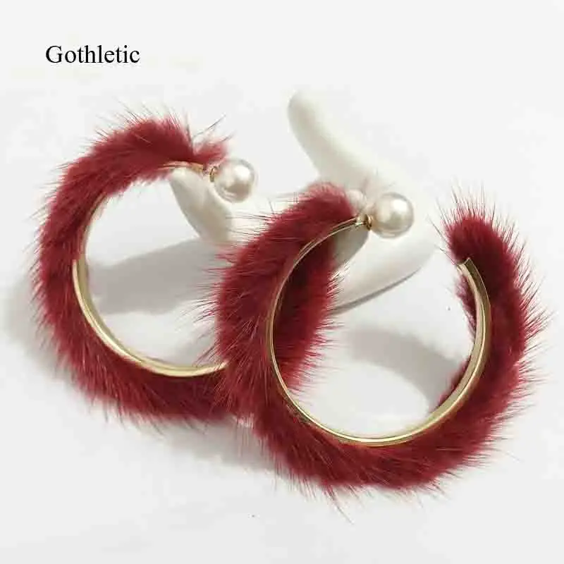 Gothletic брендовые серьги-кольца из натурального меха норки, круглые серьги с жемчугом, 60 мм, большие круглые серьги для женщин, 10 цветов, ювелирные изделия