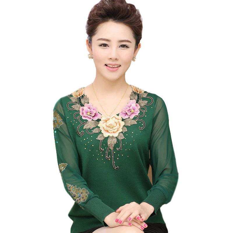 

Fashion 2016 Silk Spring Autumn Blouse Middle Age Women Knit Slim Sweater Mother Pullovers Chiffon Sleeve Lady Clothing B341