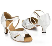 New Women White Satin Rhinestone Salsa Ballroom Tango Dance Shoes Latin Dance Dancing Shoes ALL Size