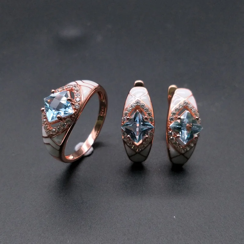 sky topaz set ckb Натуральный небесно-голубой топаз, драгоценный камень, простые кольца и серьги, розовое золото, 925 пробы, Серебряный набор ювелирных изделий для девочек, подарок на помолвку - Цвет камня: sky topaz set ckb