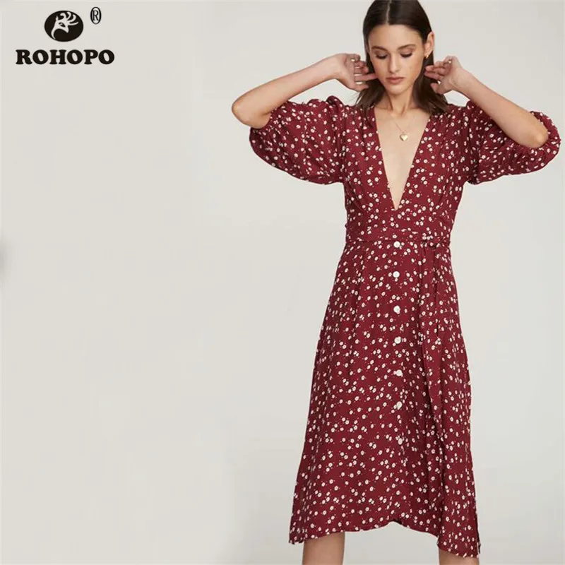 

ROHOPO Autumn Ladies Printed Tiny Floral Midi Dress Red Half Sleeve Pleated Ruffles Elegant Belted Sexy Party Dresses #YY050H