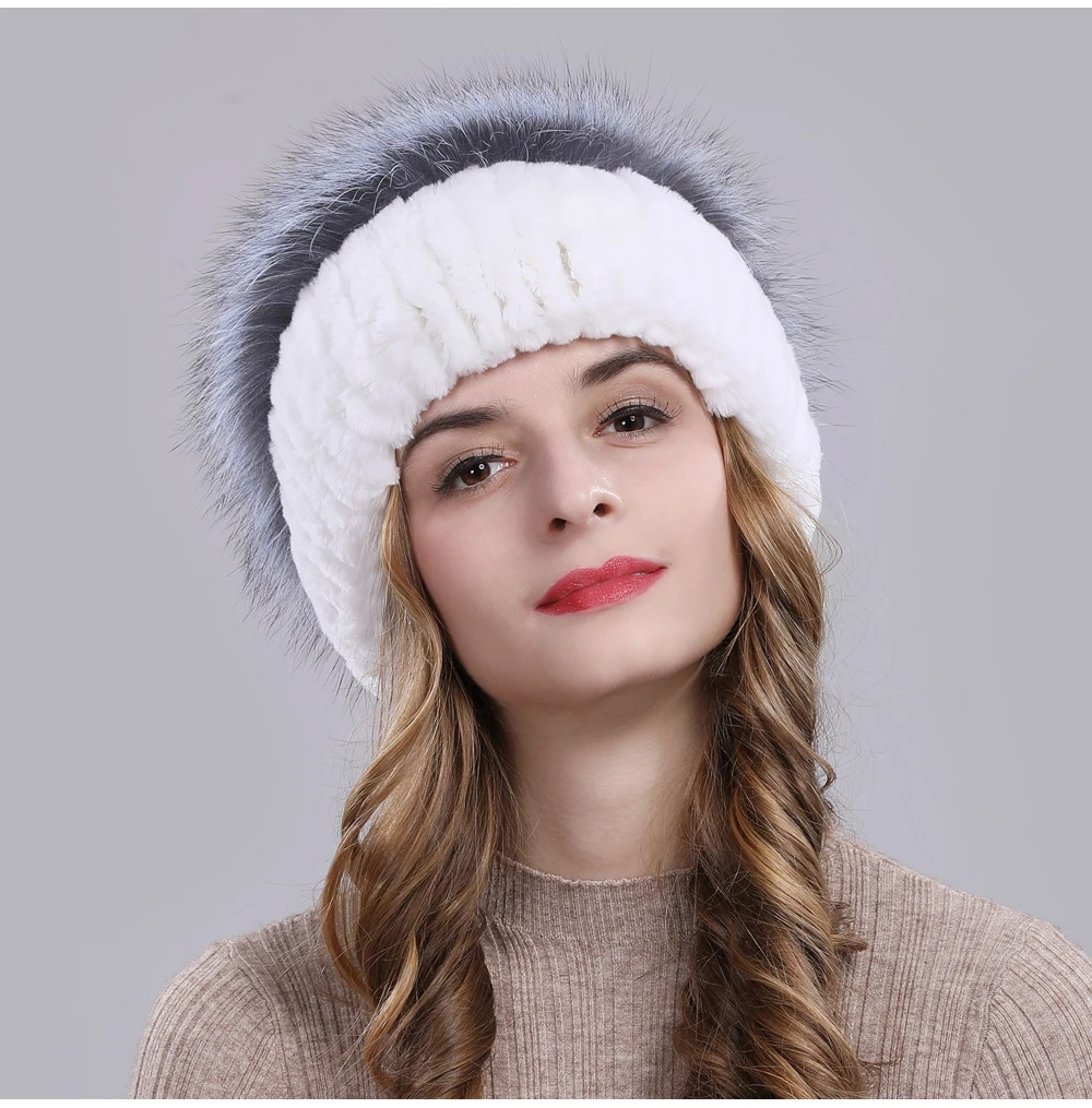 Outdoor Women Warm Soft Genuine Rex Rabbit Fur Hat Knitted Natural Real Sliver Fox Fur Caps Winter Real Rabbit Fur Beanies Hats