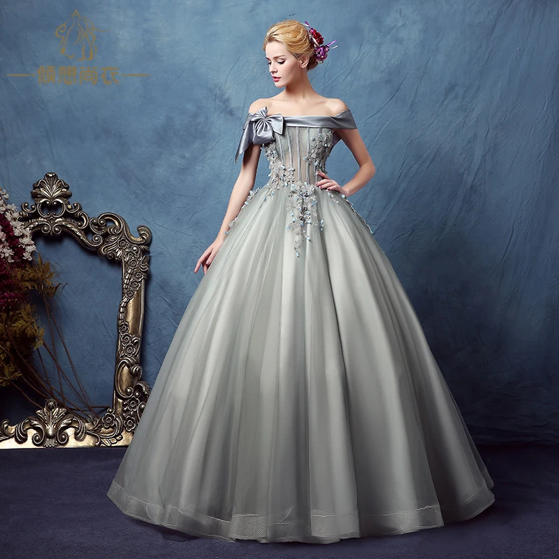 

Hot 100%real Silver Grey Slash Bowknot Collar Beading Court Ball Gown Medieval Dress Renaissance Victoria/antoinette/ Belle Ball