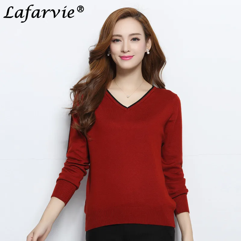 Lafarvie Hot Spring&Autumn Fashion Casual Cashmere Blended Full Sleeve V-neck Sweater Women Pullover Pull Femme Jumper Sweter 