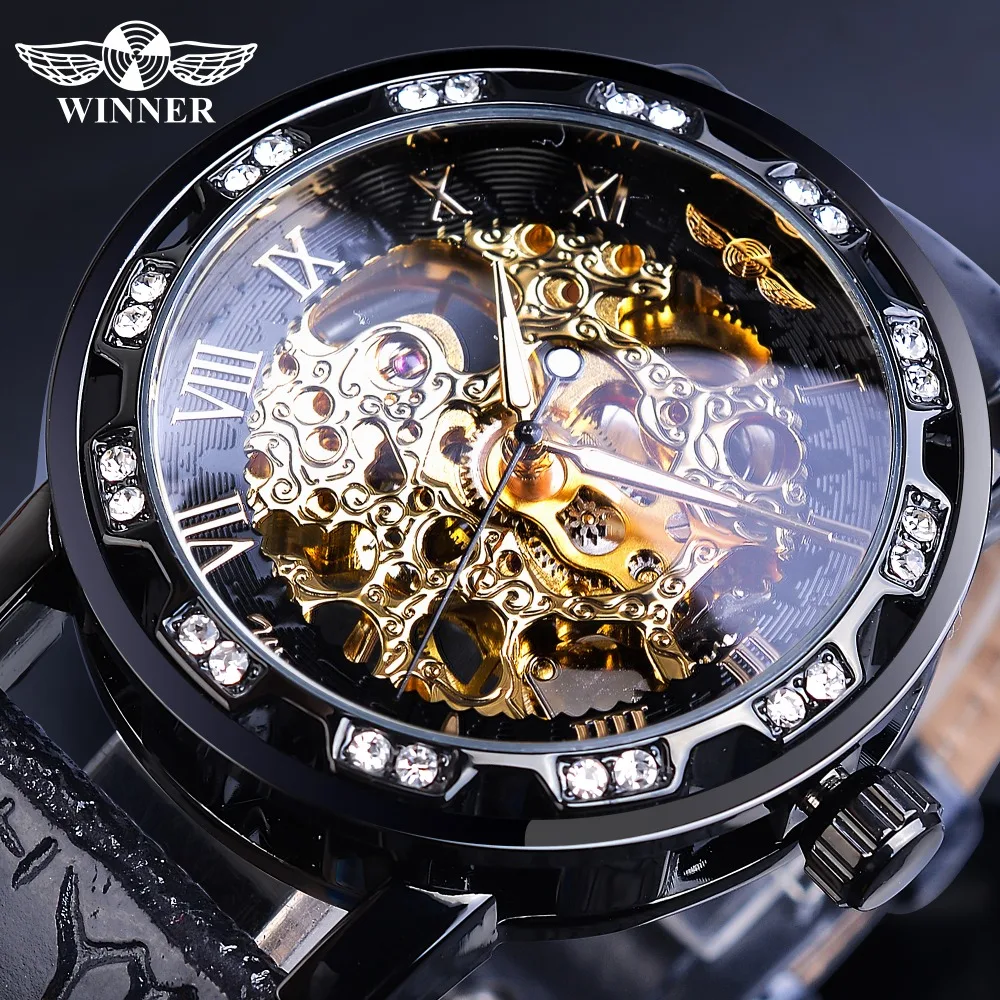 

WINNER Fashion Men Black Hand Wind Mechanical Watch Rhinestone Skeleton Roman Analog Leather Band Business Luminous Male Clock