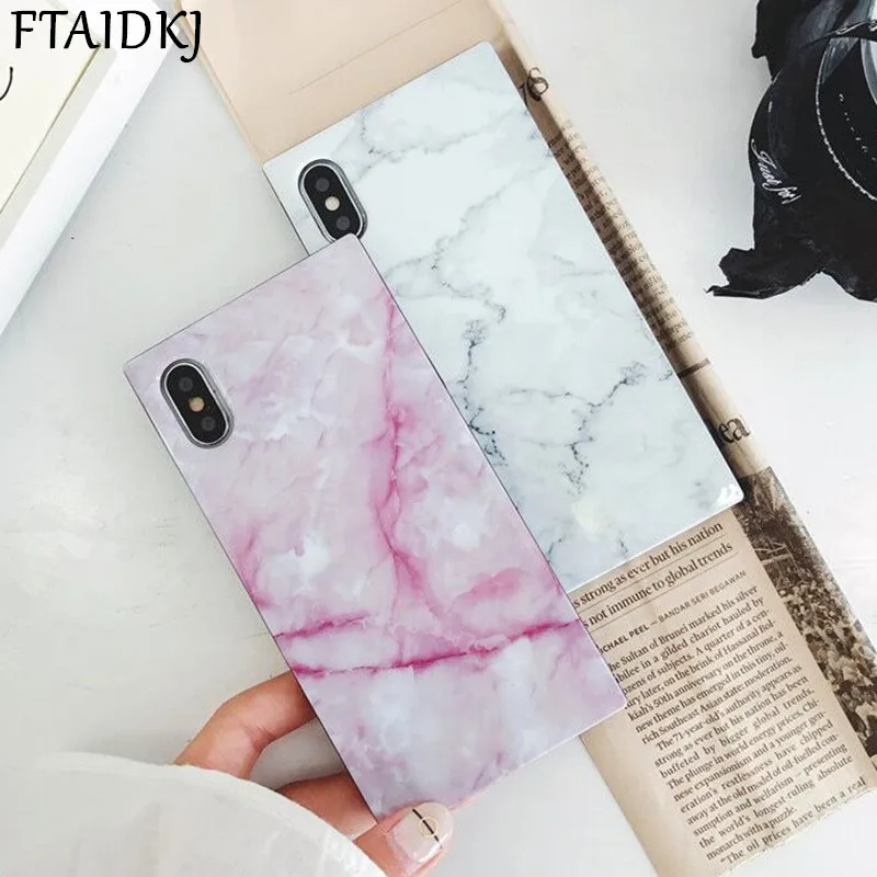 

FTAIDKJ Fashion Glossy Square Phone Case For iPhone X Cases For iPhone 6 6S 7 8 Plus Luxury Marble Stone Pattern Soft Cover Capa