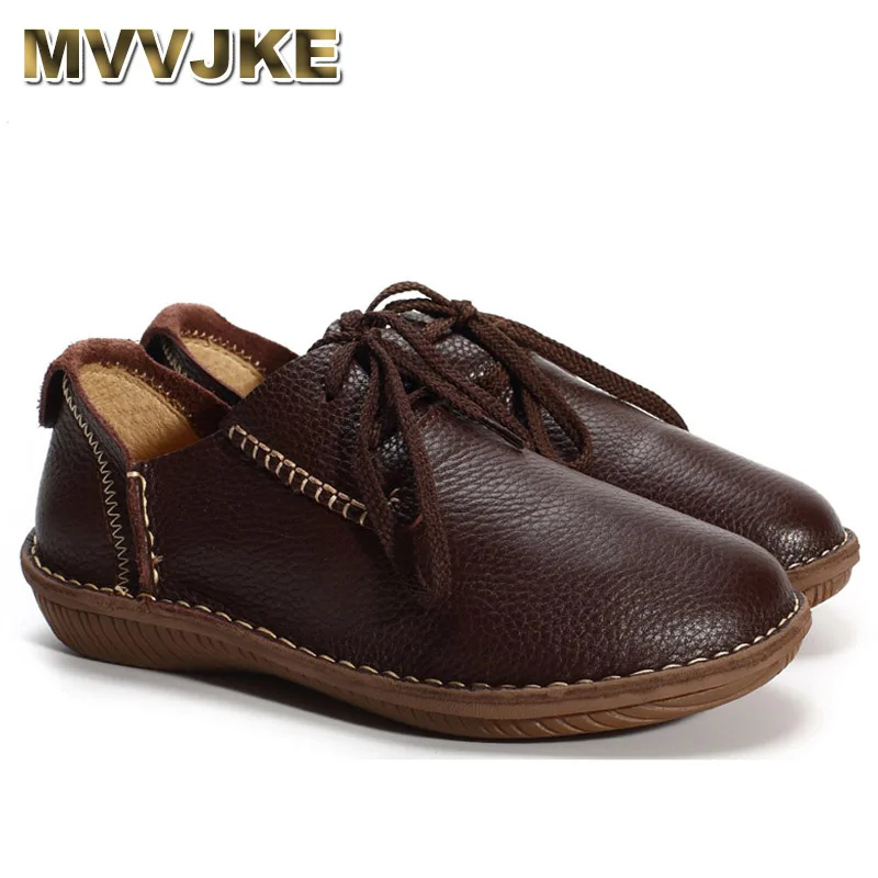 

MVVJKE Flat shoes Genuine Leather hand-made Ladies Flat Shoes Black/Brown/Coffee Casual Lace up Flats Woman Moccasins