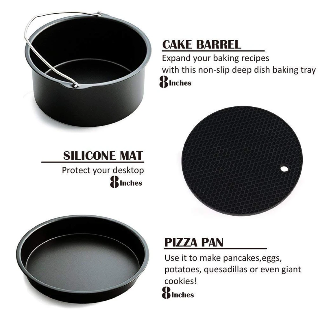 Air Fryer Accessories Deep Fryer Universal, Cake Barrel, Pizza Pan,Mat, Skewer Rack, holder Fit all 5.3Qt- 5.8Qt(XL