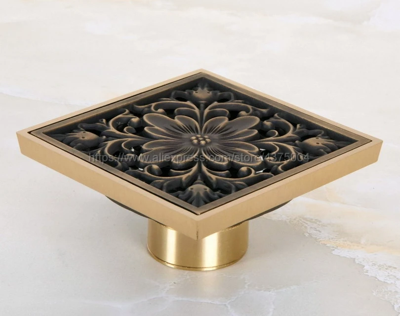 

Drains 10*10cm Antique Brass Shower Floor Drain Bathroom Deodorant Euro Square Floor Drain Strainer Cover Grate Waste Nhr045