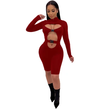 

Solid Hollow out Bandage Jumpsuit Women Sexy O Neck Long Sleeve Shorts Romper Night Club Playsuits