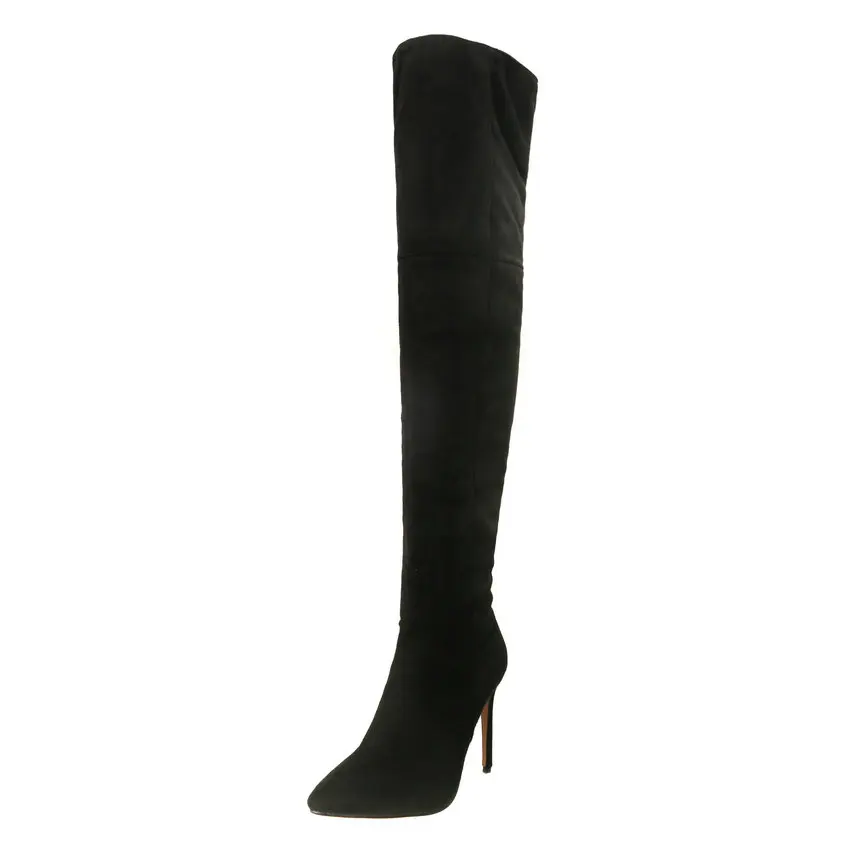 QUTAA/ г. Женские ботфорты зимние сапоги женская обувь пикантные модные женские сапоги из флока на тонком высоком каблуке Большой размер 34-43 - Цвет: Черный