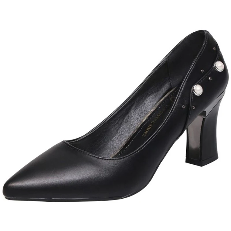 SJJH Для женщин Туфли-лодочки с острый носок не сужающийся к низу каблук Для женщин заклепки комфорт обувь черный формальный рабочая обувь из органической кожи EU35-40 A1407