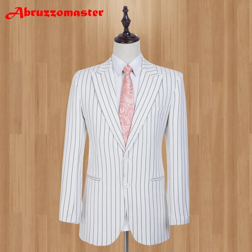 White Striped Men Suits Fashion Brand Slim Fit 3 Pieces Peaked Lapel Wedding Suit Smart Casual Suit Jacket Vest Pant