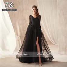 Черное кружевное платье с аппликацией и длинными рукавами, с v-образным вырезом, с разрезом спереди, элегантное вечернее платье с открытой спиной и шлейфом, vestidos formatura