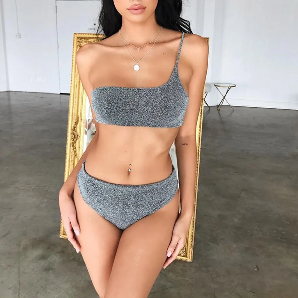

2019 Women Pure Color Split Bikinis Body Single Swimsuit Off-Shoulder Gold And Silver Silk Flashing Biquinis Push Up Female
