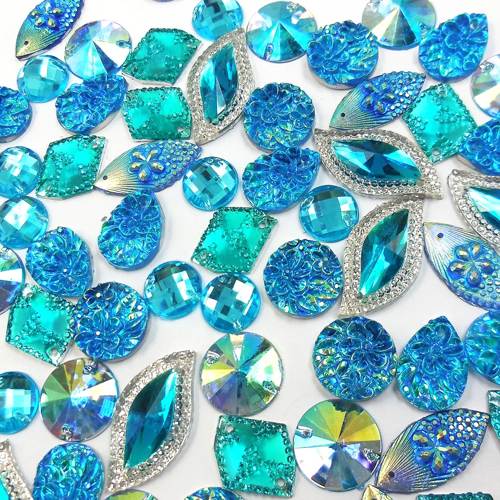 

BLue 2 Holes Sew On AB Rhinestones Beads Stones and Crystals Designer Patches Sewing For Clothing Wedding Dress Decorations Diy