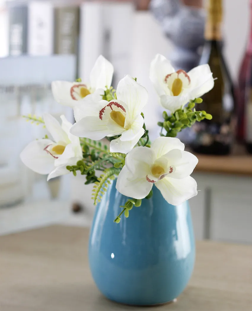 1 букет из 5 бутонов, искусственный цветок, искусственная орхидея с травой, шелковые цветы для украшения дома, вечеринки, 4 цвета на выбор