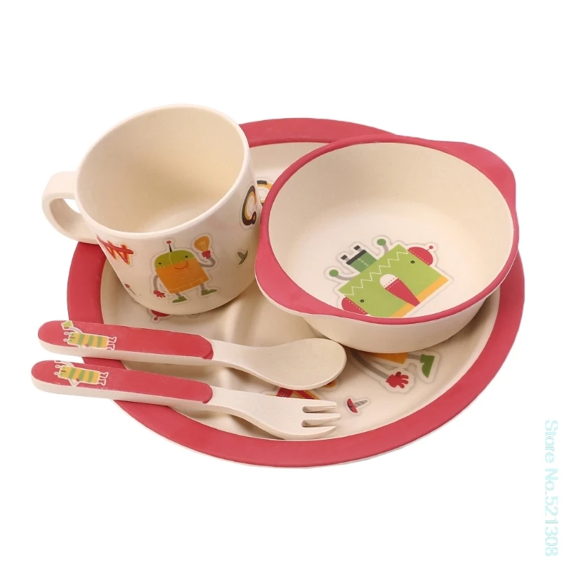 1 комплект/5 шт. детская миска для кормления тарелка вилки ложка чашка столовая посуда набор бамбуковая Посуда Прямая поставка - Цвет: C