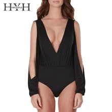 HYH haoyihui Sexy Глубокий v-образным вырезом комбинезоны Long Sleeve Cold Shoulder сплошной черный Комбинезоны для малышек тонкий основной плиссированные пляж Корректирующие боди для женщин