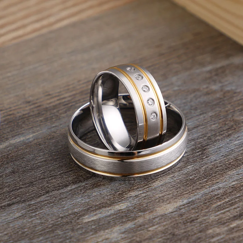 Alliance Wedding Rings Personality Cubic Zirconia Couple Rings for Women and Men Matte Finished Stainless Steel Lover Jewelry