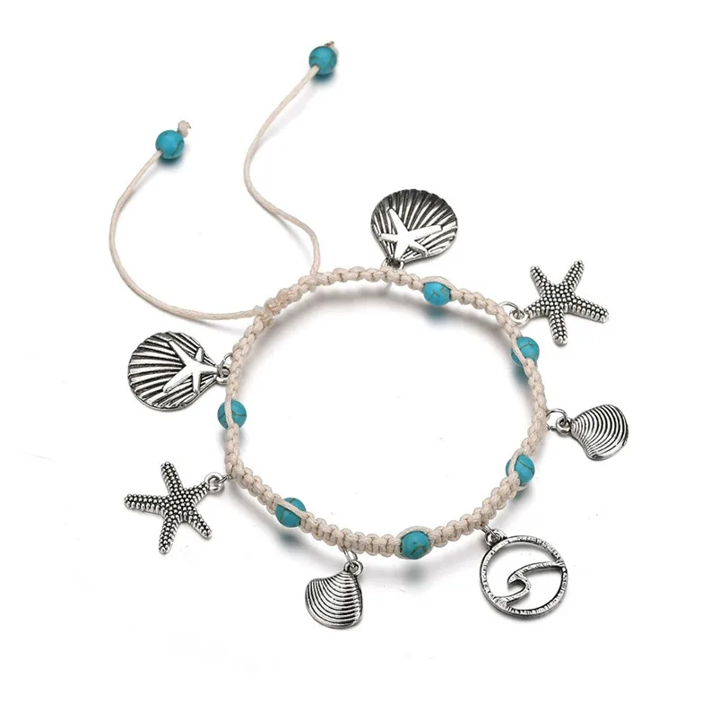 Women's Summer Beach Sandal Barefoot Chains Foot Bracelet Ankle Chain Hand knotted shell conch taffeta alloy pendant anklet F01 (4)