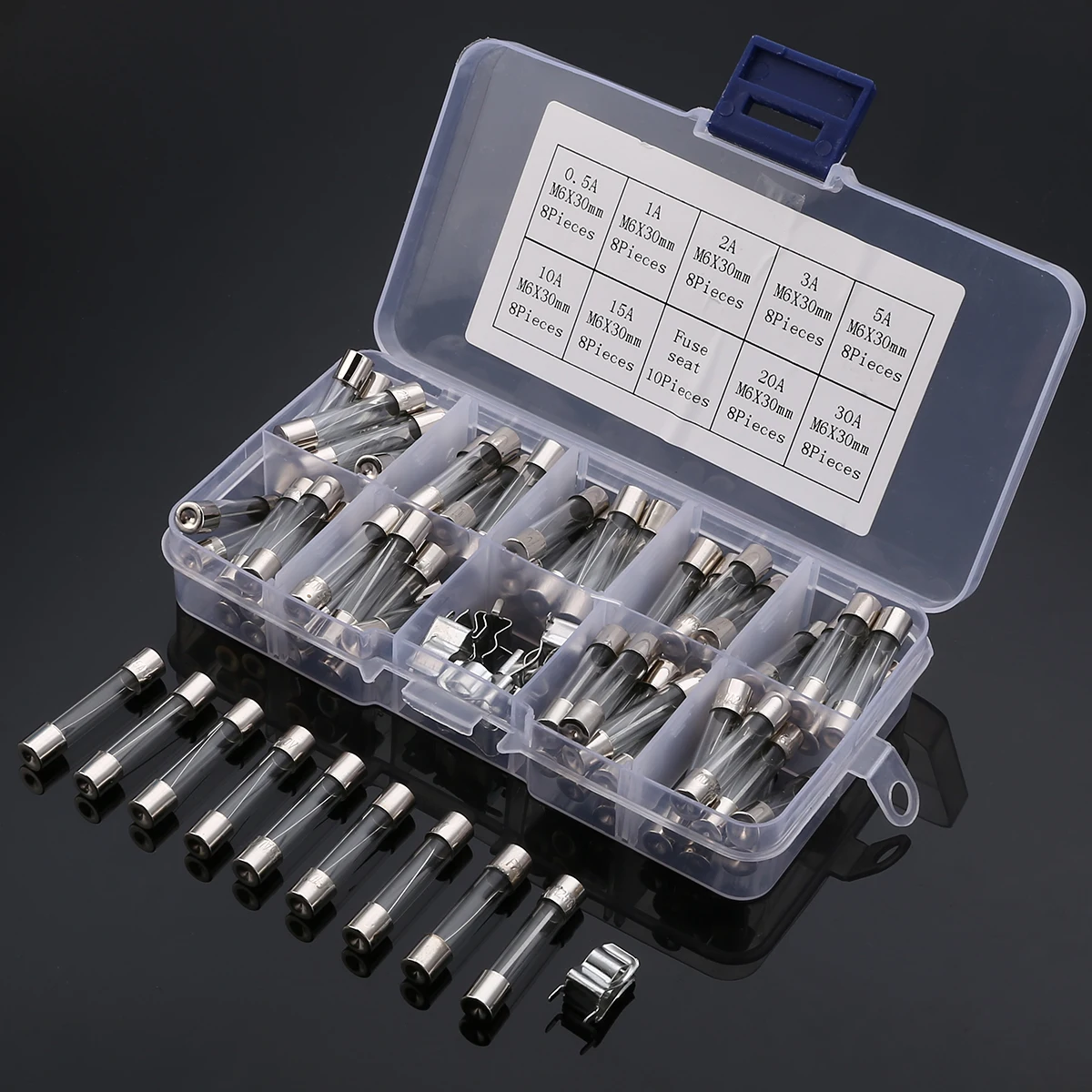 72pcs 6x30mm Fast Quick Blow Glass Tube Fuse with Fuse Holder Assorted Kit 0.5A/1A/2A/3A/5A/10A/15A/20A/30A