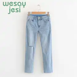 Новые джинсы женские высокие уличные винтажные повседневные Прямые брюки джинсовые брюки средняя талия рваные джинсы для женщин плюс