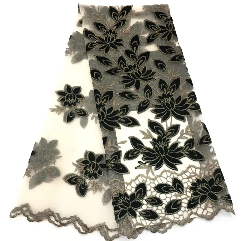 

African new design 2019 lace fabrics, Nigeria high quality chiffon lace fabrics with velvet French mesh lace women's wear